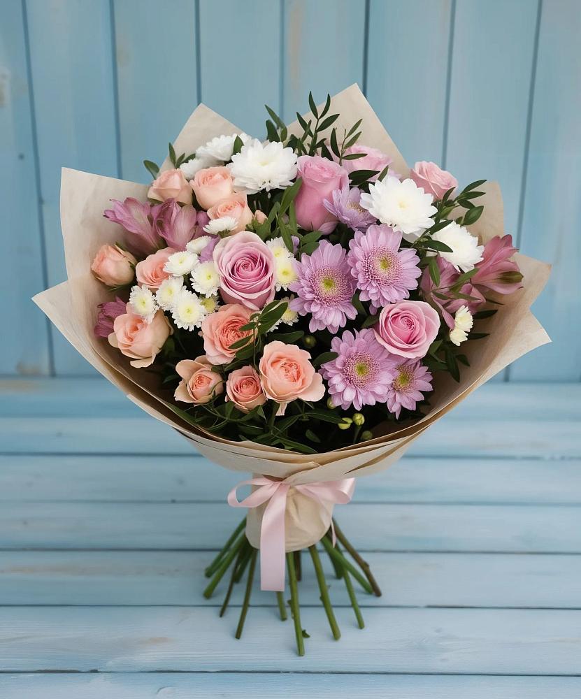 Букет цветов из: Хризантемы, Розы и Альстромерии в Заметчино