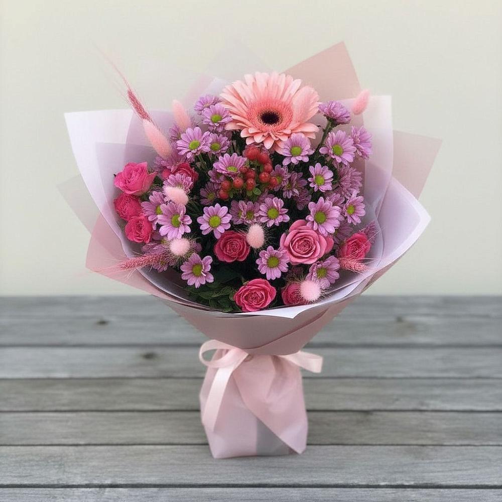 Букет цветов из: Розы, Герберы и Хризантемы в Заметчино