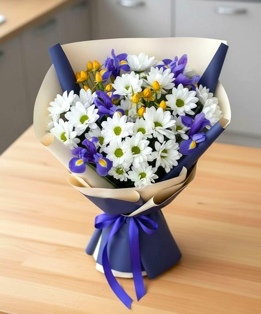 Букет цветов из: Розы, Ирисы и Хризантемы в Заметчино